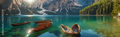 Tranquil Alpine Lake with Wooden Boats and Majestic Mountain Scenery in background
