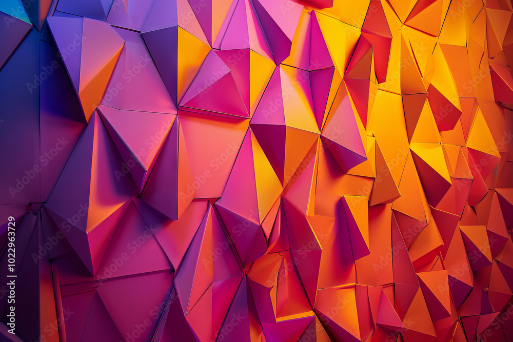 Obraz premium Backdrop with contemporary abstract design featuring layered pink and orange triangles and geometric shapes. Modern geometry background. front view. Digital 3D render. wallpaper with texture.