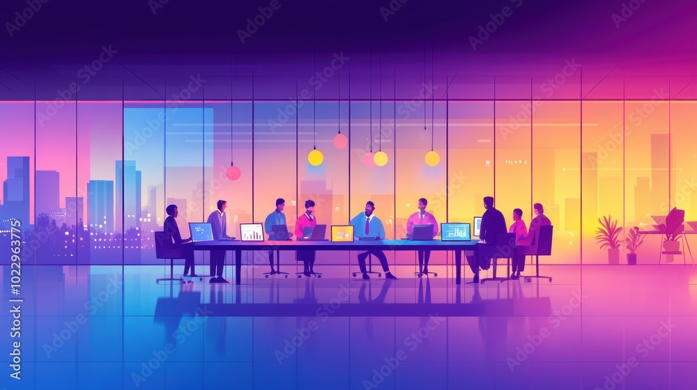 Fototapeta premium A vibrant meeting room with diverse individuals collaborating around a table.