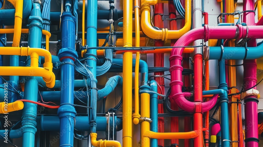 Interconnected network of wires and pipes, looping and tangling in various bright colors, evoking complexity and industrial design Interconnected network of wires and pipes, looping and tangling in various bright colors, evoking complexity and industrial design