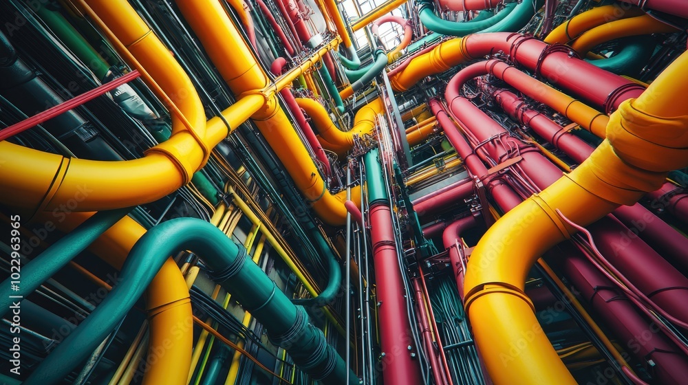 Interconnected network of wires and pipes, looping and tangling in various bright colors, evoking complexity and industrial design Interconnected network of wires and pipes, looping and tangling in various bright colors, evoking complexity and industrial design