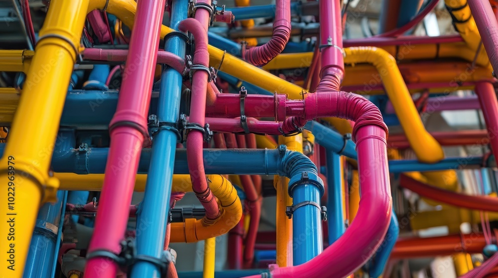 Interconnected network of wires and pipes, looping and tangling in various bright colors, evoking complexity and industrial design Interconnected network of wires and pipes, looping and tangling in various bright colors, evoking complexity and industrial design