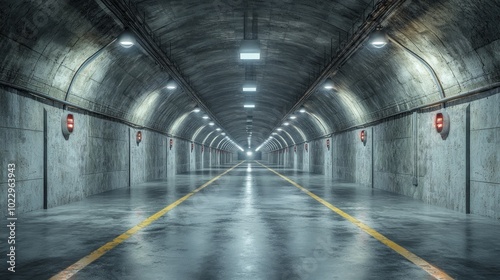 An empty, concrete underground tunnel with yellow lines in the middle of the floor and red lights on the wall.