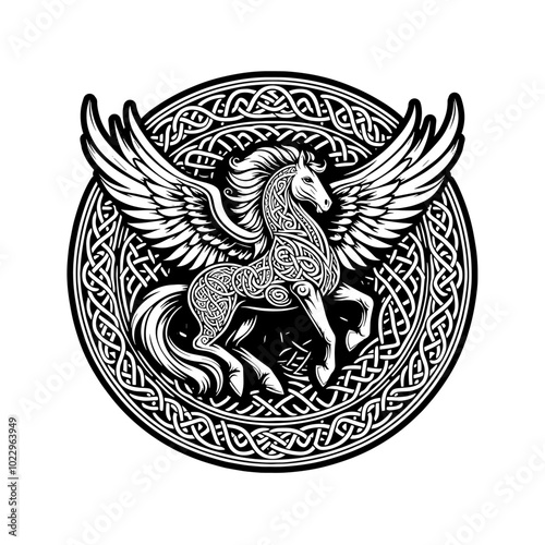 A detailed vector illustration of a Pegasus, adorned with Celtic knot designs in a circular frame. The bold black-and-white composition highlights the mythological and symbolic elements.