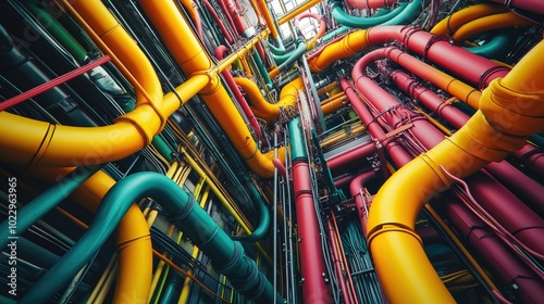 Interconnected network of wires and pipes, looping and tangling in various bright colors, evoking complexity and industrial design