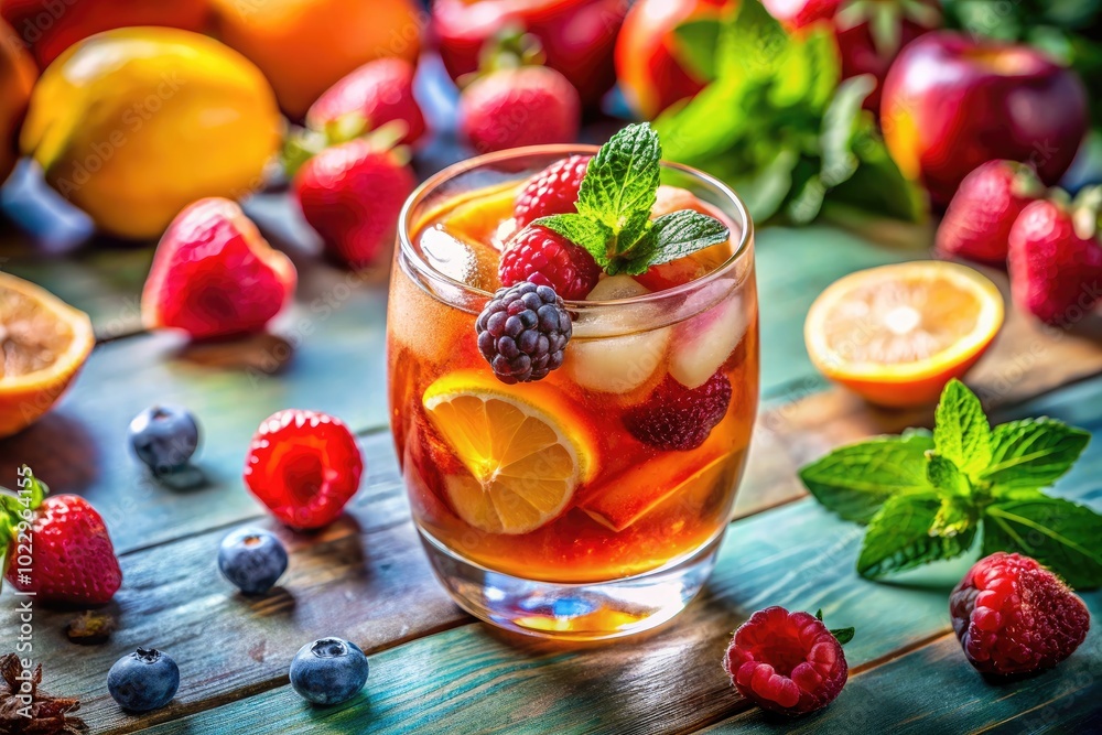 Refreshing Summer Beverage in a Clear Glass with Ice and Fresh Fruit on a Bright Background Refreshing Summer Beverage in a Clear Glass with Ice and Fresh Fruit on a Bright Background