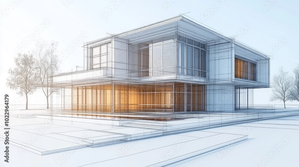 Architectural blueprint of a modern house with large windows and a patio, rendered in 3D. Architectural blueprint of a modern house with large windows and a patio, rendered in 3D.