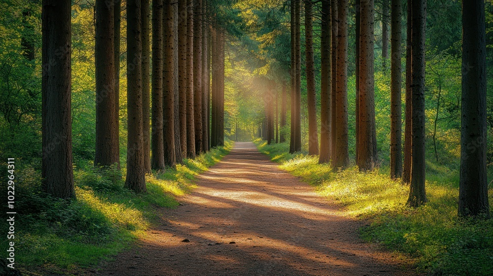 Obraz premium Sunlit Path Through a Dense Forest of Tall Pine Trees
