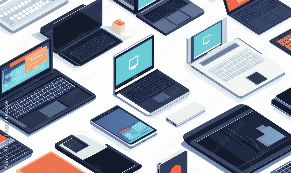 Many laptops and other devices on a white background. Many laptops and other devices on a white background.
