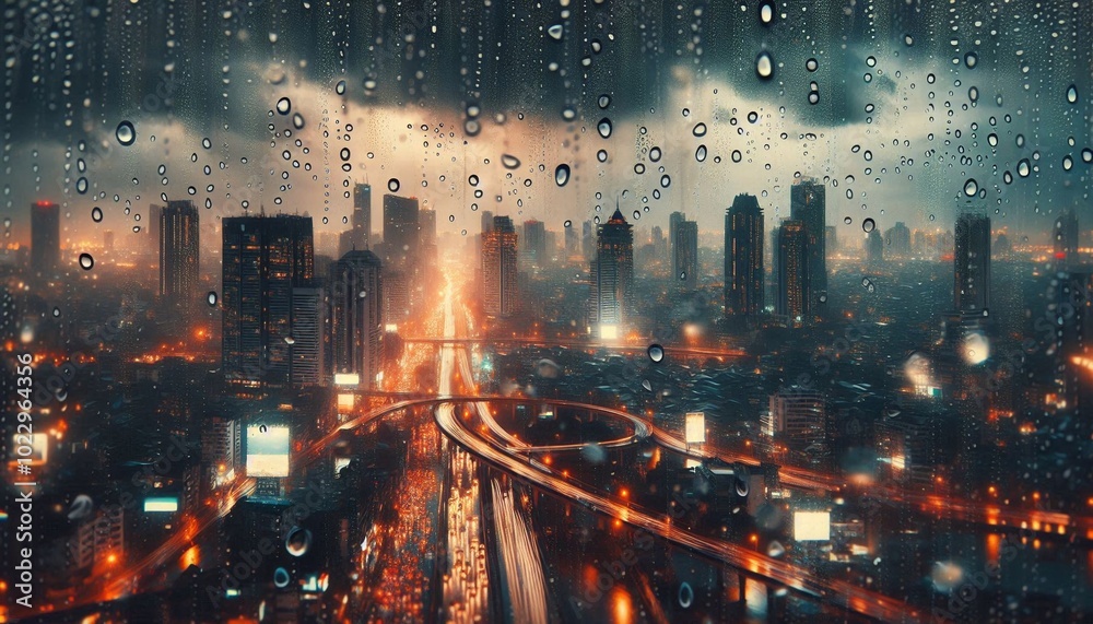 Fototapeta premium Raindrops on the window, blurred city lights in the background. City life on a rainy night.