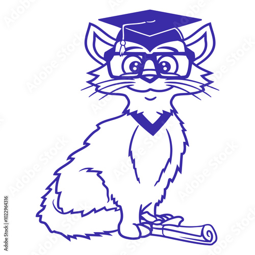 Cat Nerd School Certificate College Success Geek sitting Isolated Vector Graphic Design Illustration
