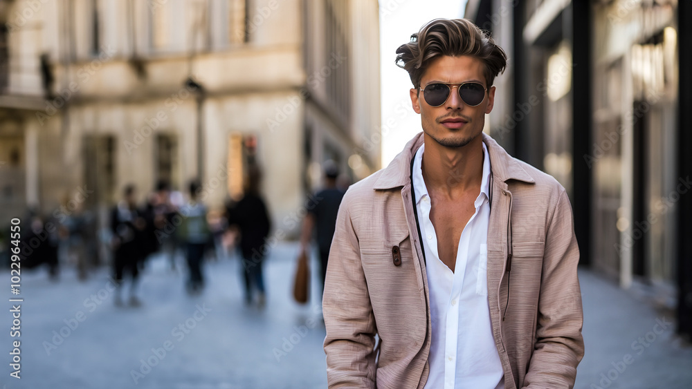 A man in sunglasses and a jacket poses on the street (in blur city background), showcasing a fashionable and modern appearance. A man in sunglasses and a jacket poses on the street (in blur city background), showcasing a fashionable and modern appearance.