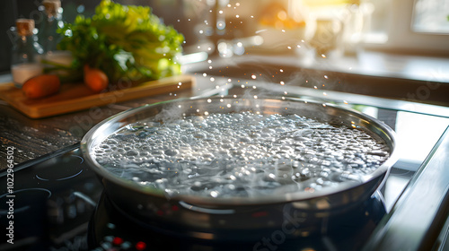 Boiling water on an induction stove in a kitchen Copy space image with light in background