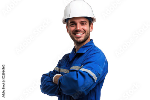 Smiling engineer dressed in blue with a safety helmet, isolated on a clear background.