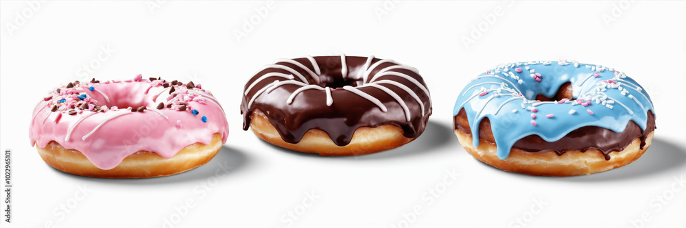 Three assorted donuts arranged in a row on a white background