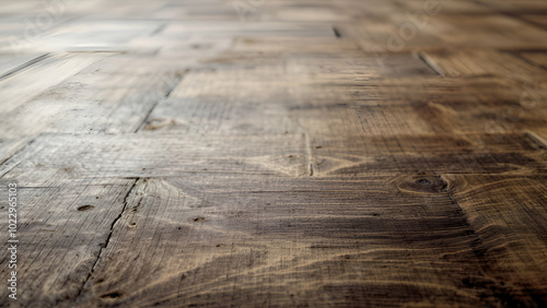 A close-up shot of a rustic brown wooden floor with a herringbone pattern, showing natural wood grain and knots in focus with a shallow depth of field.