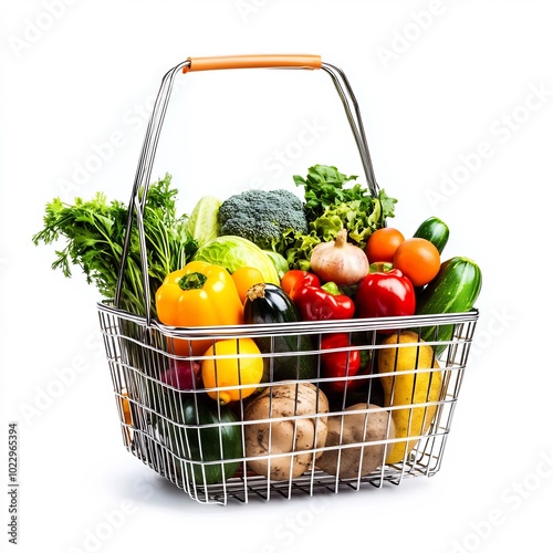 Shopping basket with groceries like fruits and vegetables, white background, simple style photo