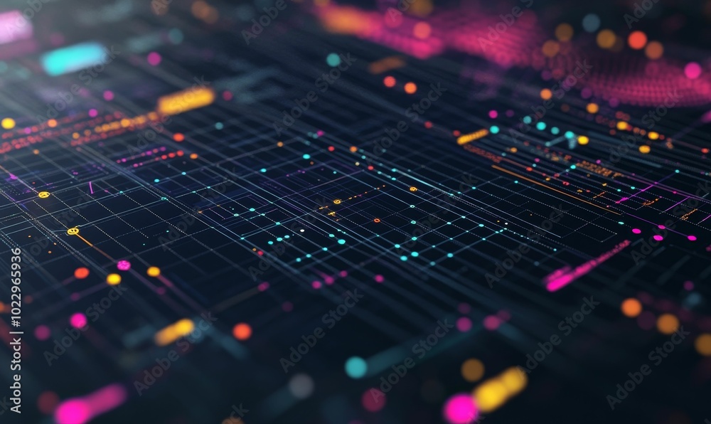 Abstract grid with colorful lights and dots. Abstract grid with colorful lights and dots.