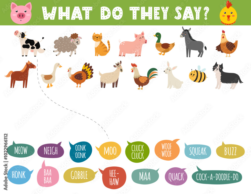 What do they say matching game for kids with cute animals. Farm activity page for school and preschool. Vector illustration What do they say matching game for kids with cute animals. Farm activity page for school and preschool. Vector illustration