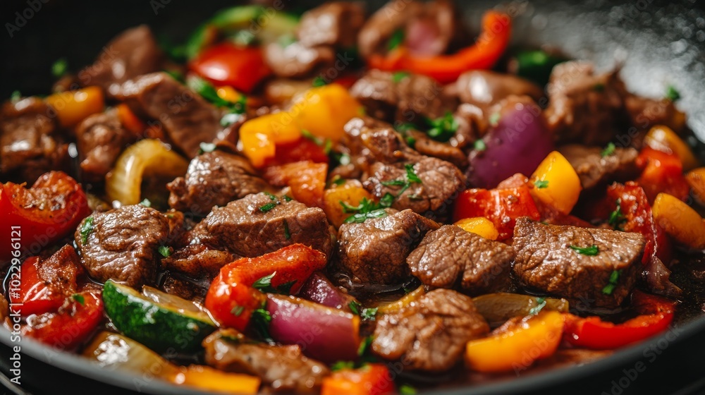 Close-up of a skillet filled with a stir fry of beef, red onion, zucchini, yellow bell peppers, and red bell peppers, garnished with fresh parsley. Close-up of a skillet filled with a stir fry of beef, red onion, zucchini, yellow bell peppers, and red bell peppers, garnished with fresh parsley.
