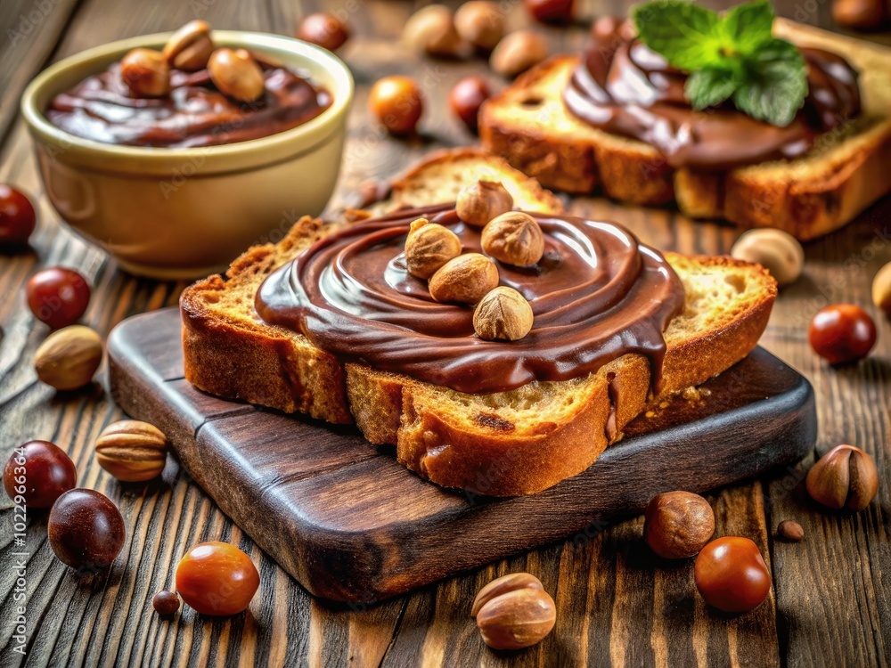 Rich and Creamy Chocolate Hazelnut Spread on Toast with Hazelnuts and Chocolate Drizzle on Top Rich and Creamy Chocolate Hazelnut Spread on Toast with Hazelnuts and Chocolate Drizzle on Top
