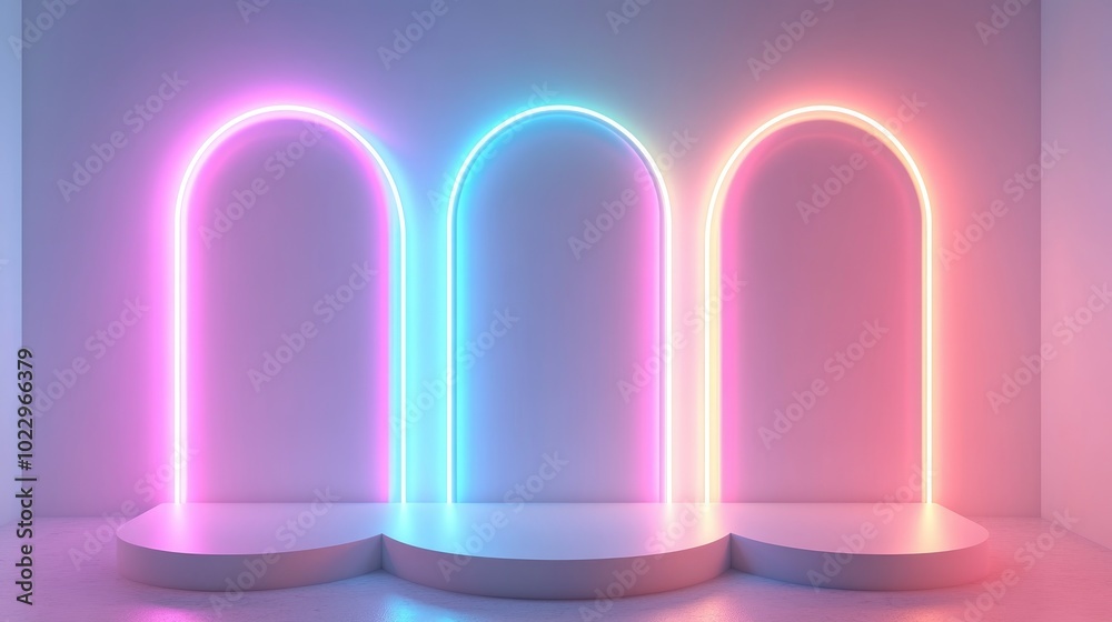 Blank product display featuring neon lights against a pastel colored backdrop 3D rendering Blank product display featuring neon lights against a pastel colored backdrop 3D rendering