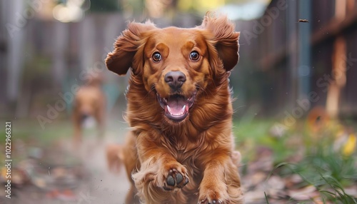 Playful dog joyfully races through the backyard, embracing freedom and adventure photo