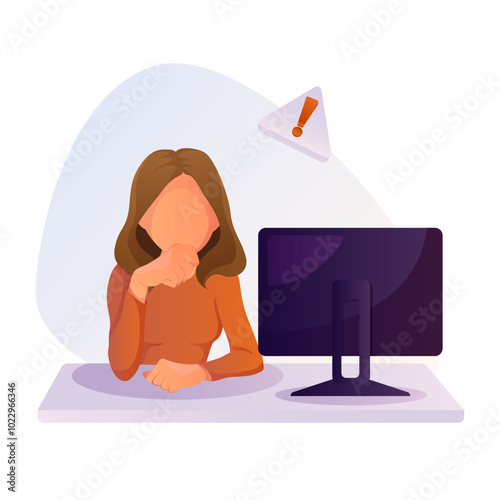 Woman works at computer desk. Person employee at desktop PC, table. Worker has a problem at workplace, typing, surfing internet, using technology. Flat vector illustration isolated on white background