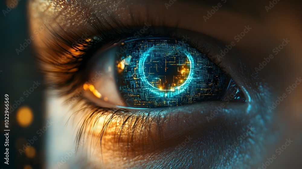 Close-up of a futuristic human eye, iris glowing with neon blue circuitry, intricate digital patterns surrounding the pupil, high-tech, hyper-realistic, sci-fi, digital art Close-up of a futuristic human eye, iris glowing with neon blue circuitry, intricate digital patterns surrounding the pupil, high-tech, hyper-realistic, sci-fi, digital art