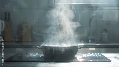Steam escaping from a pressure cooker in a modern kitchen in background