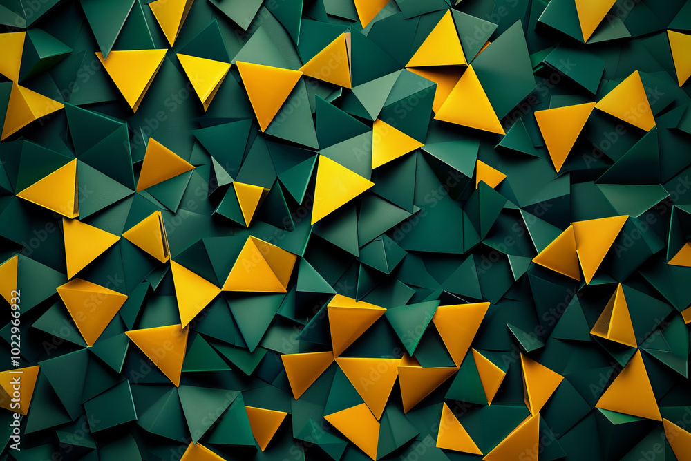 Backdrop with contemporary abstract design featuring layered yellow and green triangles and geometric shapes. Modern geometry background. front view. Digital 3D render. wallpaper with texture.