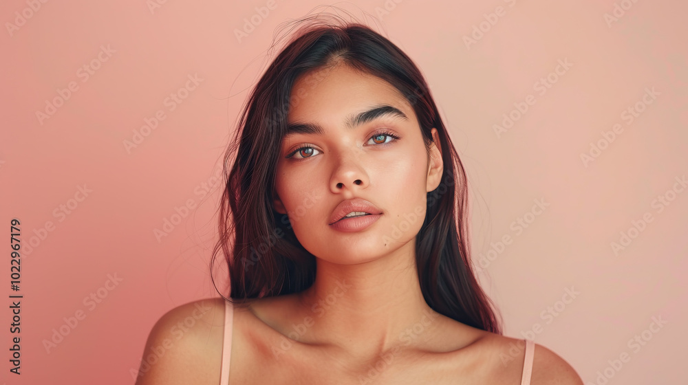 Mix-race Woman with Long Hair and Natural Glow on Pink Background Mix-race Woman with Long Hair and Natural Glow on Pink Background