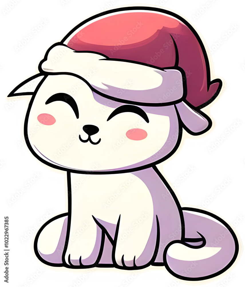 Fototapeta premium Cute cartoon cat wearing santa hat smiling cheerfully