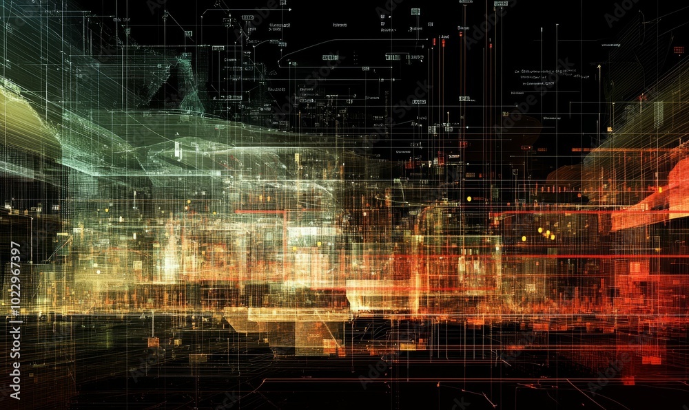 Obraz premium Abstract digital city with glowing lines.