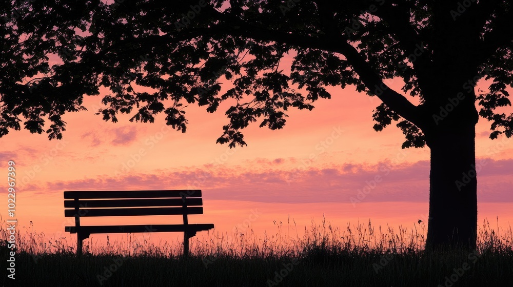 Park bench in silhouette, tree canopy providing shade, set against a tranquil sunset.