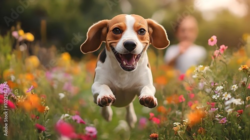 The moment a beagle leaps into the air, ears flying, as a happy boy watches from behind, surrounded by the colorful blossoms of a summer garden