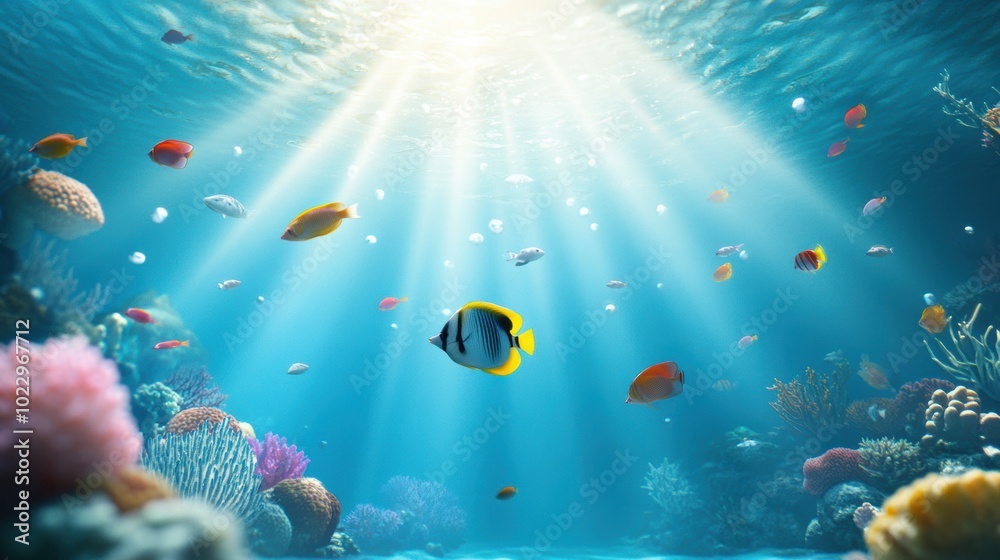 Fototapeta premium Underwater Scene with Vibrant Sea Life and Coral Reef