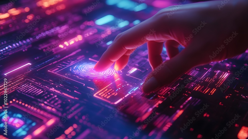 Hand reaching toward a virtual interface with biometric recognition, glowing fingerprints activating futuristic digital controls, sleek neon aesthetics Hand reaching toward a virtual interface with biometric recognition, glowing fingerprints activating futuristic digital controls, sleek neon aesthetics