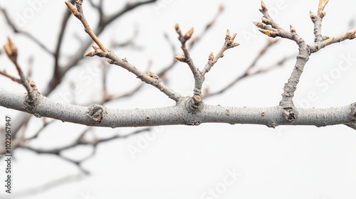 Closeup of a bare tree branch with small buds against a white background.