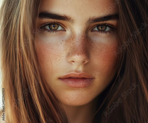 A beautiful woman with long, curly brown hair, a professional photography studio portrait