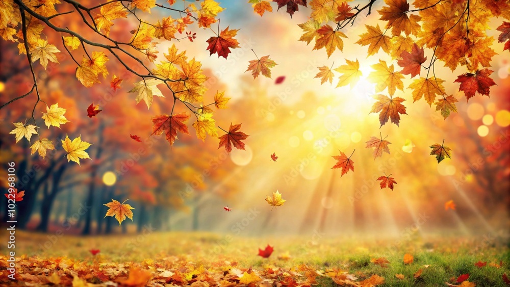 Autumn leaves fall from a tree, creating a serene scene over a tranquil lake Autumn leaves fall from a tree, creating a serene scene over a tranquil lake