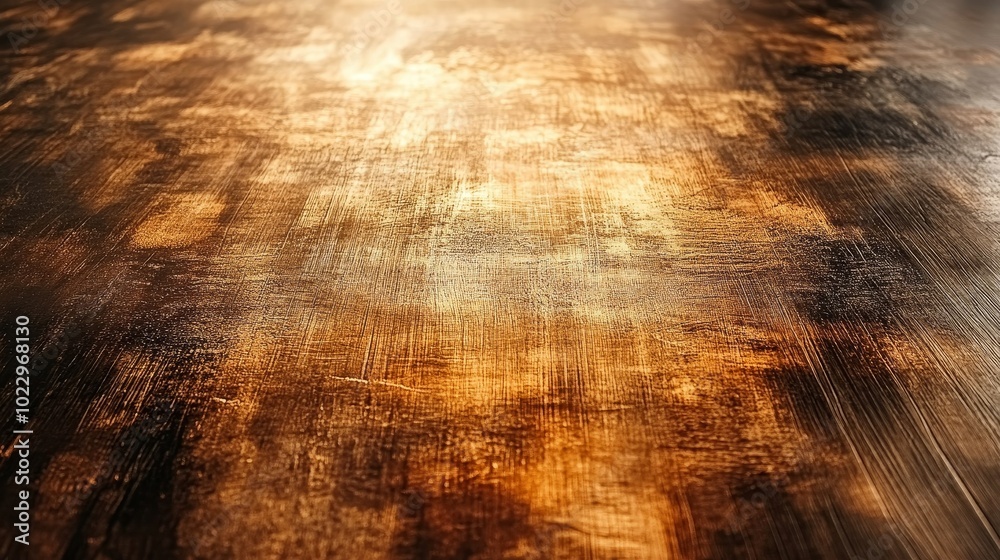 Fototapeta premium Detailed view of a brushed bronze sheet, sleek metallic surface with fine streaks, warm bronze tones enhanced by soft ambient light, elegant texture