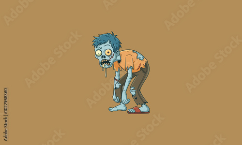 Cartoon zombie hunched over, drooling, in ragged clothes.