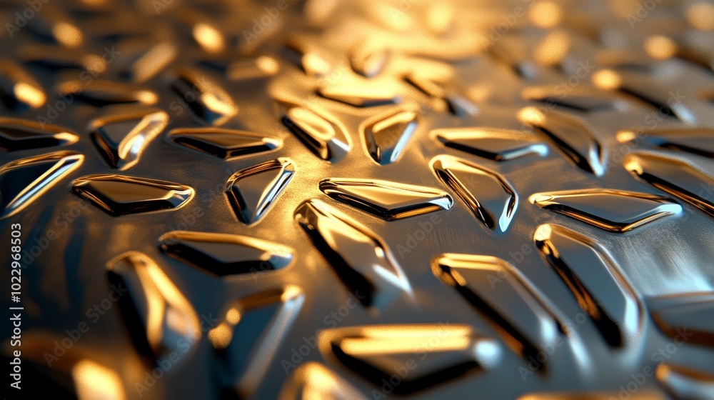 Obraz premium Diamond plate sheet metal in gold and silver tones, 3D chrome details, raised diamond pattern with sleek reflections, soft, luxurious lighting