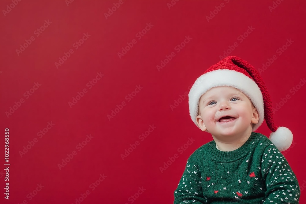 Young child wearing a green sweater and a red and white santa hat. The child is smiling. Happy toddler boy in a green sweater with a Santa hat for Christmas and New Year celebrations Young child wearing a green sweater and a red and white santa hat. The child is smiling. Happy toddler boy in a green sweater with a Santa hat for Christmas and New Year celebrations