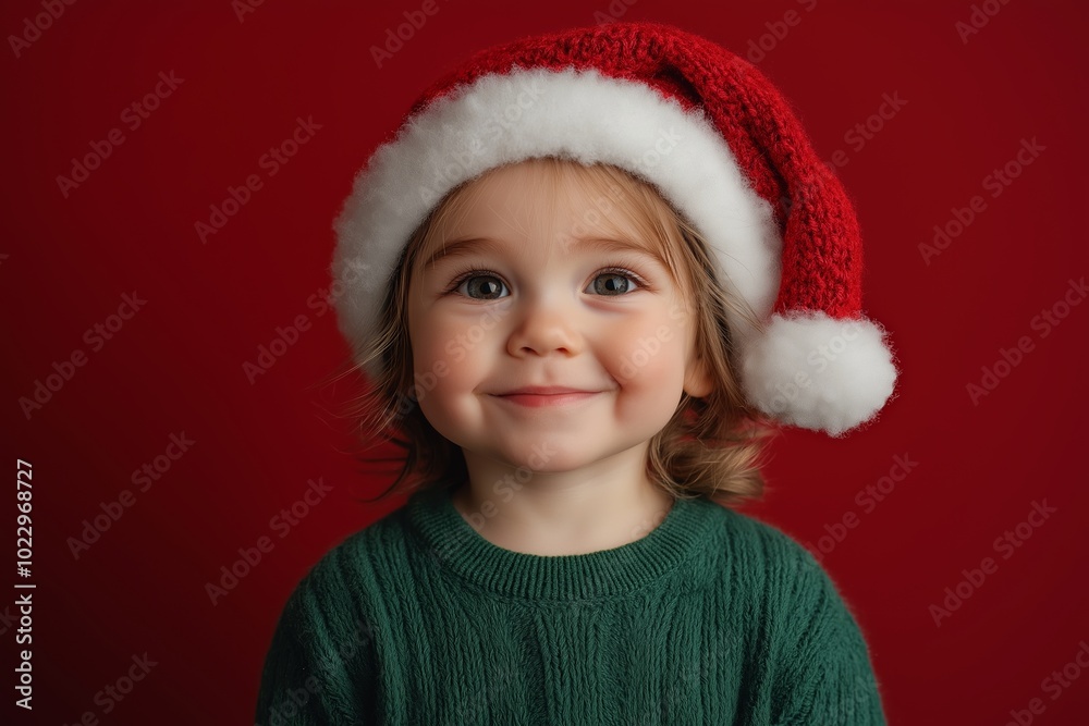 Young child wearing a green sweater and a red and white santa hat. The child is smiling. Happy toddler boy in a green sweater with a Santa hat for Christmas and New Year celebrations Young child wearing a green sweater and a red and white santa hat. The child is smiling. Happy toddler boy in a green sweater with a Santa hat for Christmas and New Year celebrations
