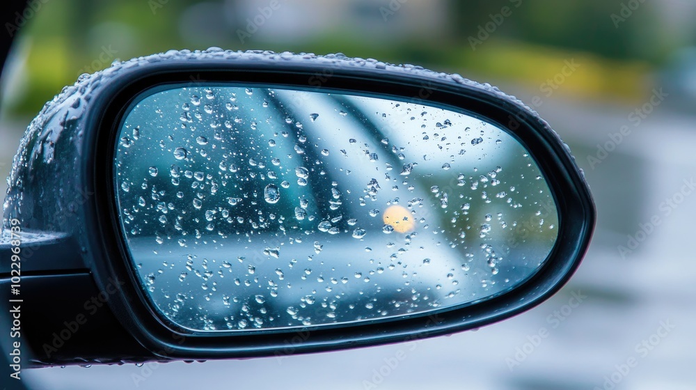 Rainy day shot of a car side mirror, covered in droplets, showing blurred reflections. Rainy day shot of a car side mirror, covered in droplets, showing blurred reflections.