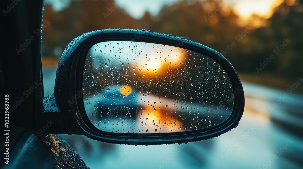 Rainy day shot of a car side mirror, covered in droplets, showing blurred reflections.