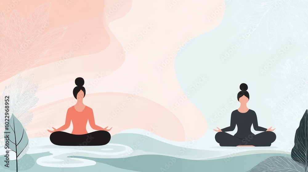 Two women meditating in a serene, abstract background promoting mindfulness and relaxation. Two women meditating in a serene, abstract background promoting mindfulness and relaxation.