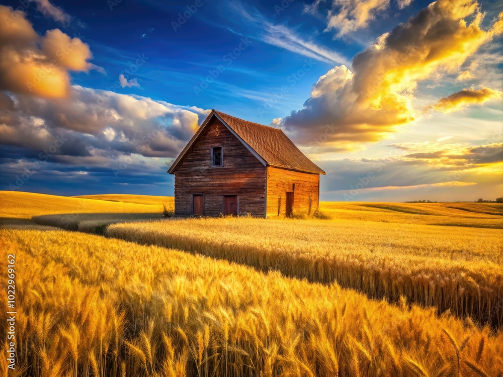 Rustic granary with wooden structure surrounded by golden fields under a bright blue sky Rustic granary with wooden structure surrounded by golden fields under a bright blue sky